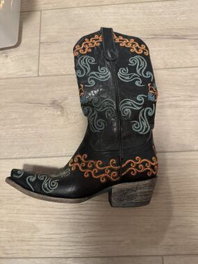 Lane Western Boots Black Embroidered Turquoise Green Orange Sz 6